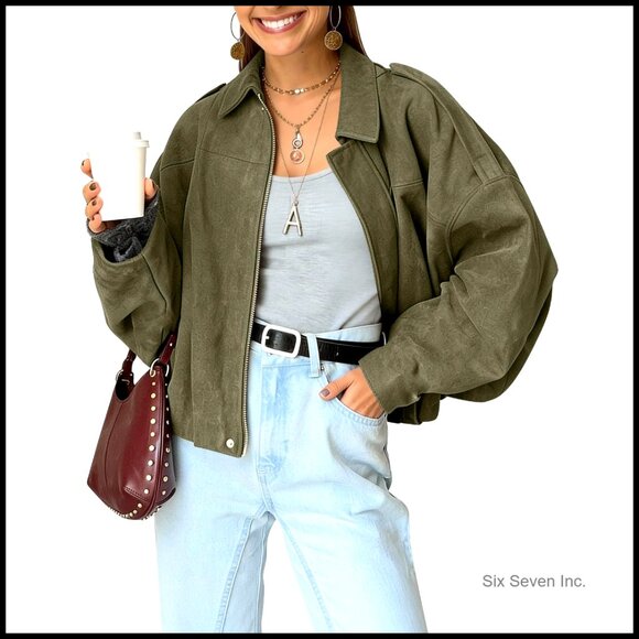Jackets & Blazers - Oversized Faux Suede Bomber Jacket Cropped Lapel Pilot Streetwear Outerwear